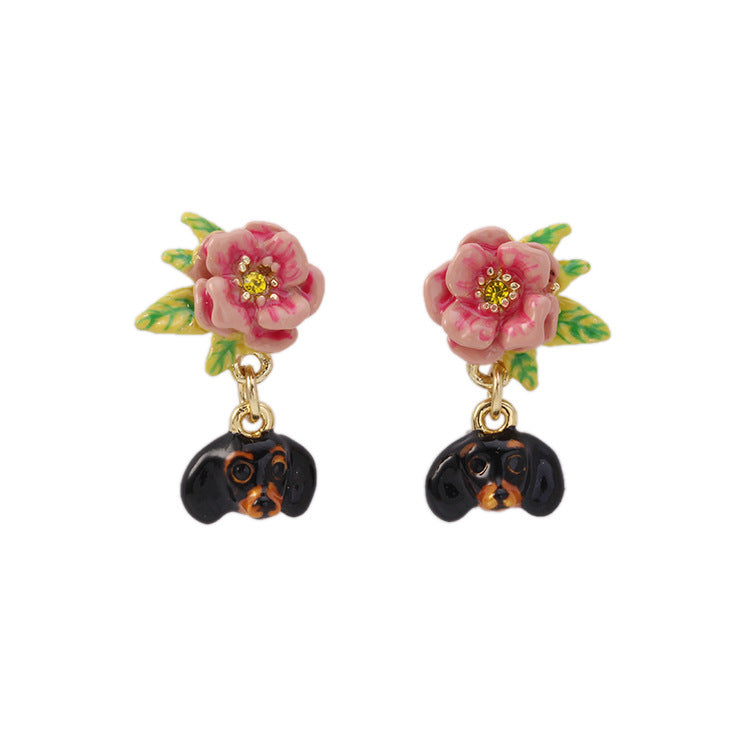 Dachshund And Flower Earrings