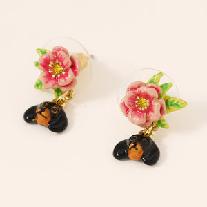 Dachshund And Flower Earrings